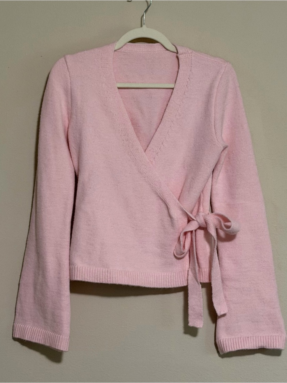 Soft Pink V-Neck Wrap Sweater with Tie Detail